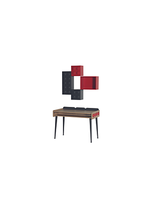 Bureau LEGO Avec 3 cubes et 1 Niche -  Chêne / Rouge / Gris