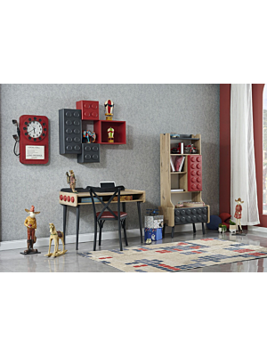 Bureau LEGO Avec 3 cubes et 1 Niche -  Chêne / Rouge / Gris