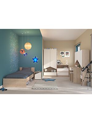 Pack Lit Étoile 90x190 Avec Sommier + Matelas + Table de chevet  - Chêne 