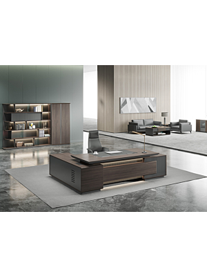 BUREAU PRESIDENTIEL LEADER Droit AVEC ECLAIRAGE LED 320cm - Marron / Gris