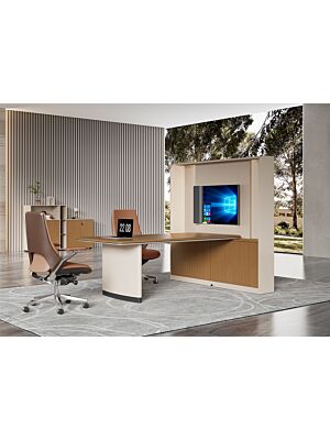 BUREAU MAJESTY AVEC RANGEMENT & SUPPORT TV - Marron / Beige