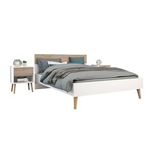 Pack Lit AALBORG 140x190cm Avec Sommier + 2 Chevets - Blanc / Chêne Pack lits adulte