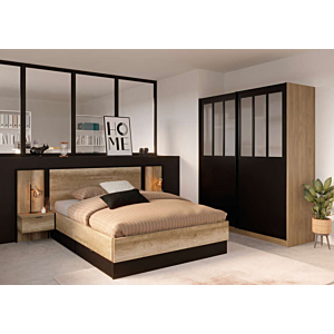 Pack Lit TORONTO 160x200cm Avec Sommier + Chevets Suspendus - Oak / Noir Pack lits adulte