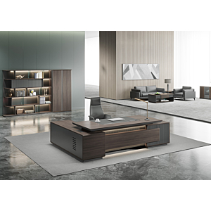 BUREAU PRESIDENTIEL LEADER Droit AVEC ECLAIRAGE LED 320cm - Marron / Gris