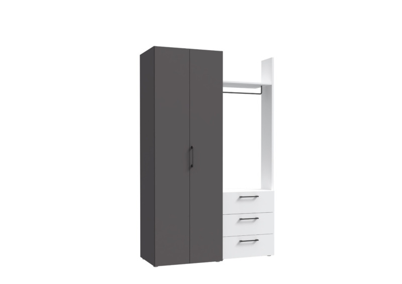 Armoire CANBERRA 2 Portes Avec Penderie + 3 Tiroirs - Gris / Blanc