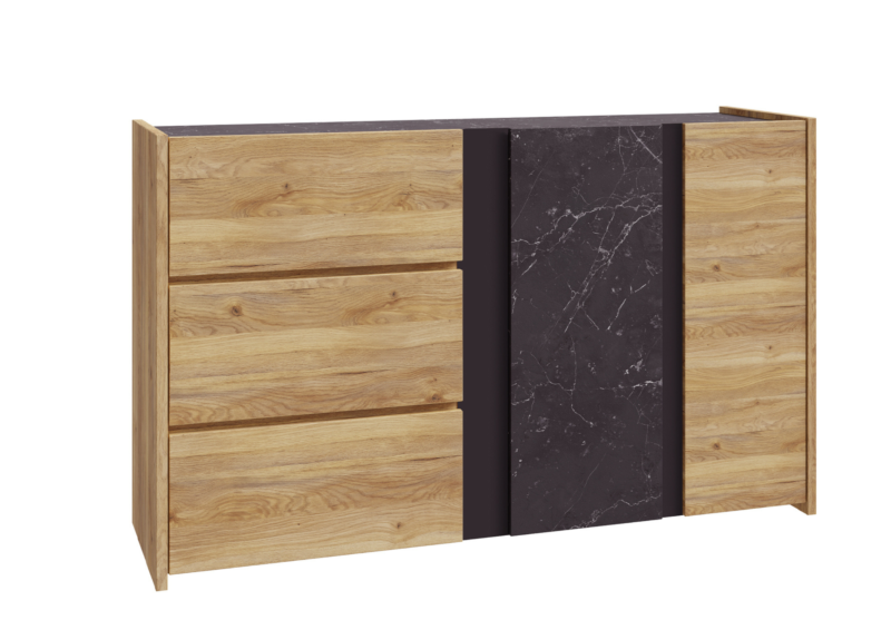 Commode WHAKATANE 2 Portes + 3 Tiroirs - Chêne / Marbre Noir